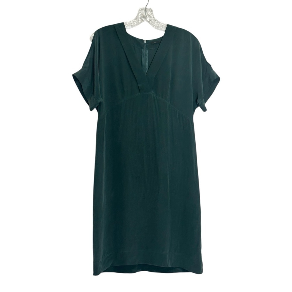 IKKS Women Silk Shift Dress 36 Small Dark Green Cutout Sleeve Elegant Minimalist